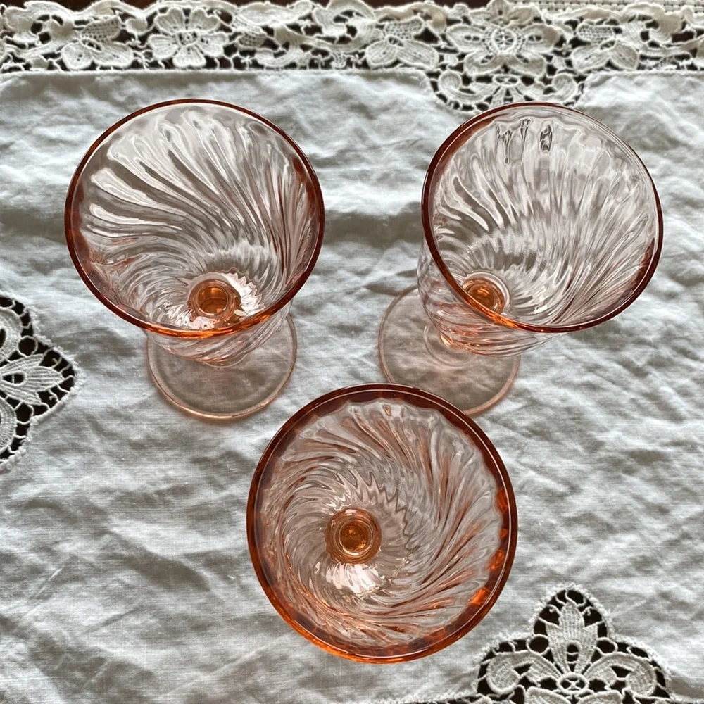 Set of 3 Vintage Rosaline Pink Swirl Glass Wine Goblets!
